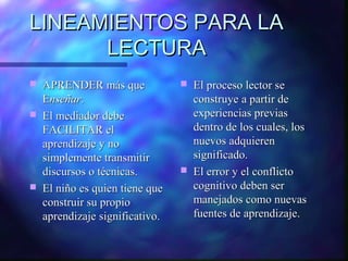 LINEAMIENTOS PARA LA
      LECTURA
   APRENDER más que                El proceso lector se
    Enseñar.                         construye a partir de
   El mediador debe                 experiencias previas
    FACILITAR el                     dentro de los cuales, los
    aprendizaje y no                 nuevos adquieren
    simplemente transmitir           significado.
    discursos o técnicas.           El error y el conflicto
   El niño es quien tiene que       cognitivo deben ser
    construir su propio              manejados como nuevas
    aprendizaje significativo.       fuentes de aprendizaje.
 