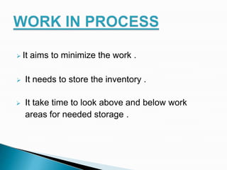  It aims to minimize the work .
 It needs to store the inventory .
 It take time to look above and below work
areas for needed storage .
 