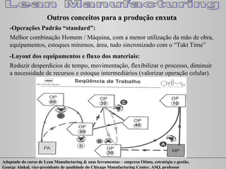 Outros conceitos para a produção enxuta -Operações Padrão “standard”: Melhor combinação Homem / Máquina, com a menor utilização da mão de obra, equipamentos, estoques mínimos, área, tudo sincronizado com o “Takt Time”  -Layout dos equipamentos e fluxo dos materiais: Reduzir desperdícios de tempo, movimentação, flexibilizar o processo, diminuir a necessidade de recursos e estoque intermediários (valorizar operação celular). 