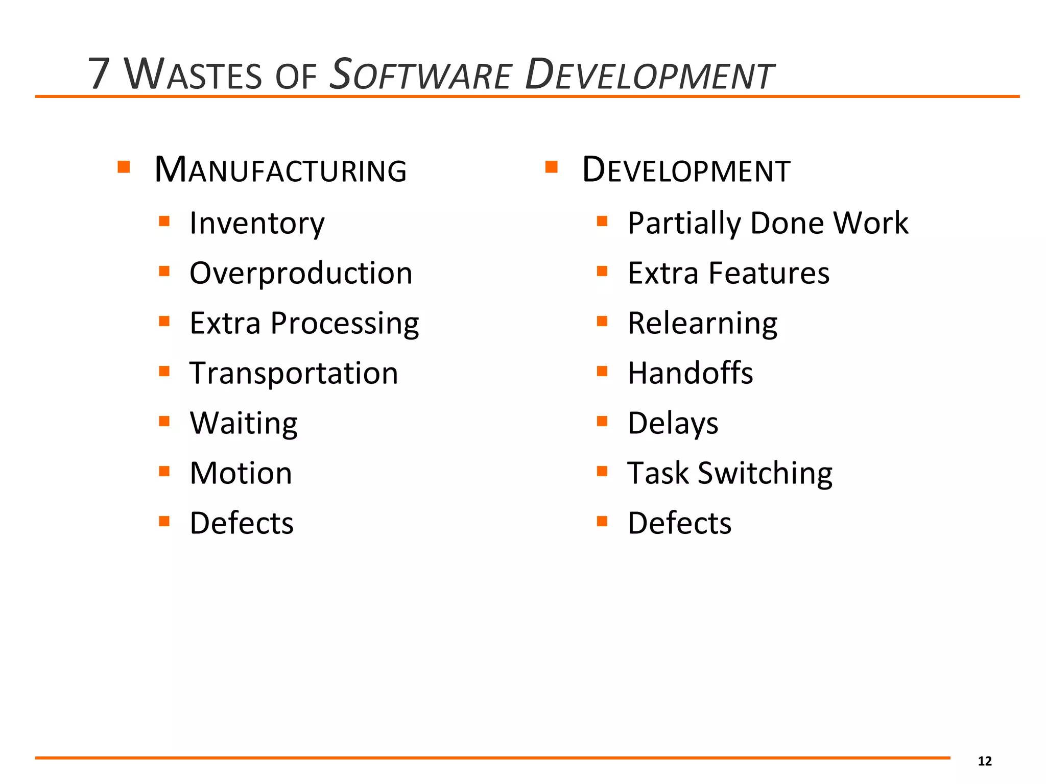 12
7	WASTES OF SOFTWARE DEVELOPMENT
§ MANUFACTURING
§ Inventory
§ Overproduction
§ Extra	Processing
§ Transportation
§ Waiting
§ Motion
§ Defects
§ DEVELOPMENT
§ Partially	Done	Work
§ Extra	Features
§ Relearning
§ Handoffs
§ Delays
§ Task	Switching
§ Defects
 