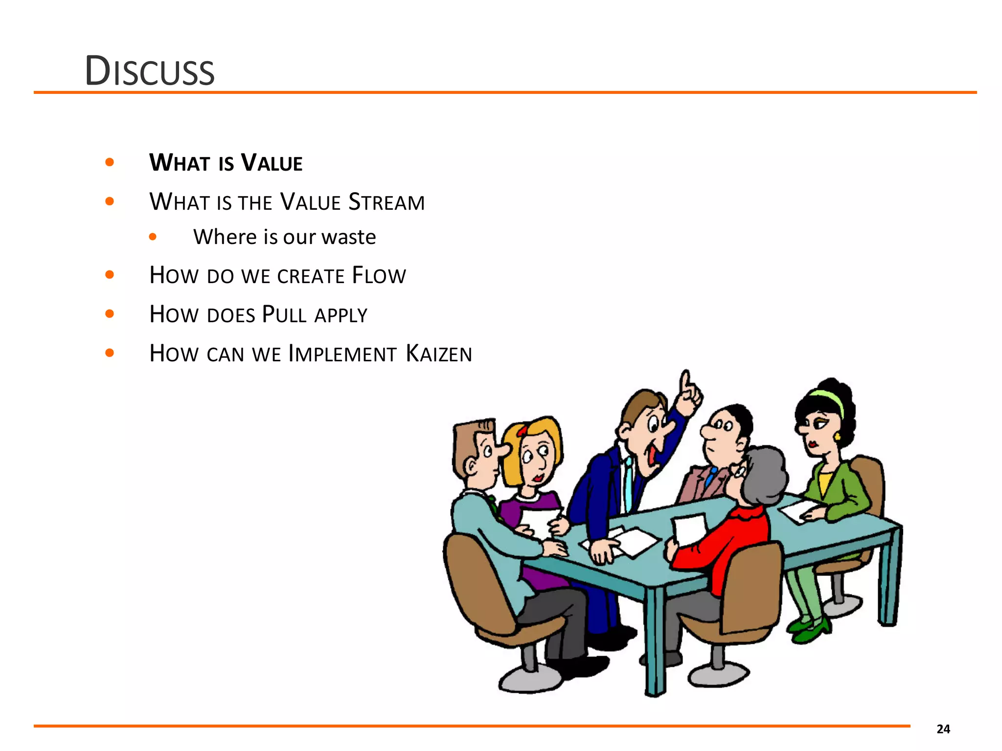 24
DISCUSS
• WHAT IS VALUE
• WHAT IS THE VALUE STREAM
• Where	is	our	waste
• HOW DO WE CREATE FLOW
• HOW DOES PULL APPLY
• HOW CAN WE IMPLEMENT KAIZEN
 