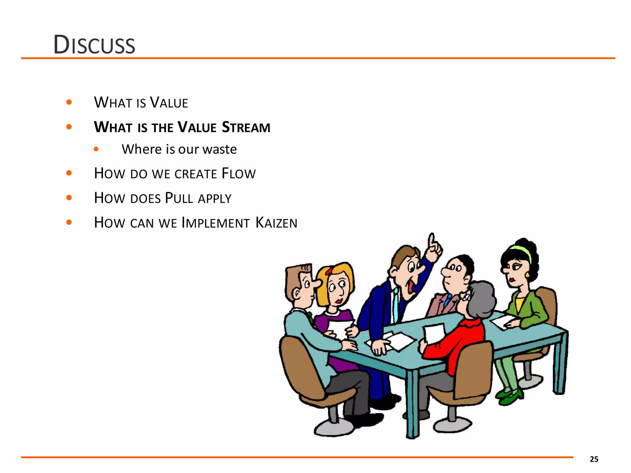 25
DISCUSS
• WHAT IS VALUE
• WHAT IS THE VALUE STREAM
• Where	is	our	waste
• HOW DO WE CREATE FLOW
• HOW DOES PULL APPLY
• HOW CAN WE IMPLEMENT KAIZEN
 