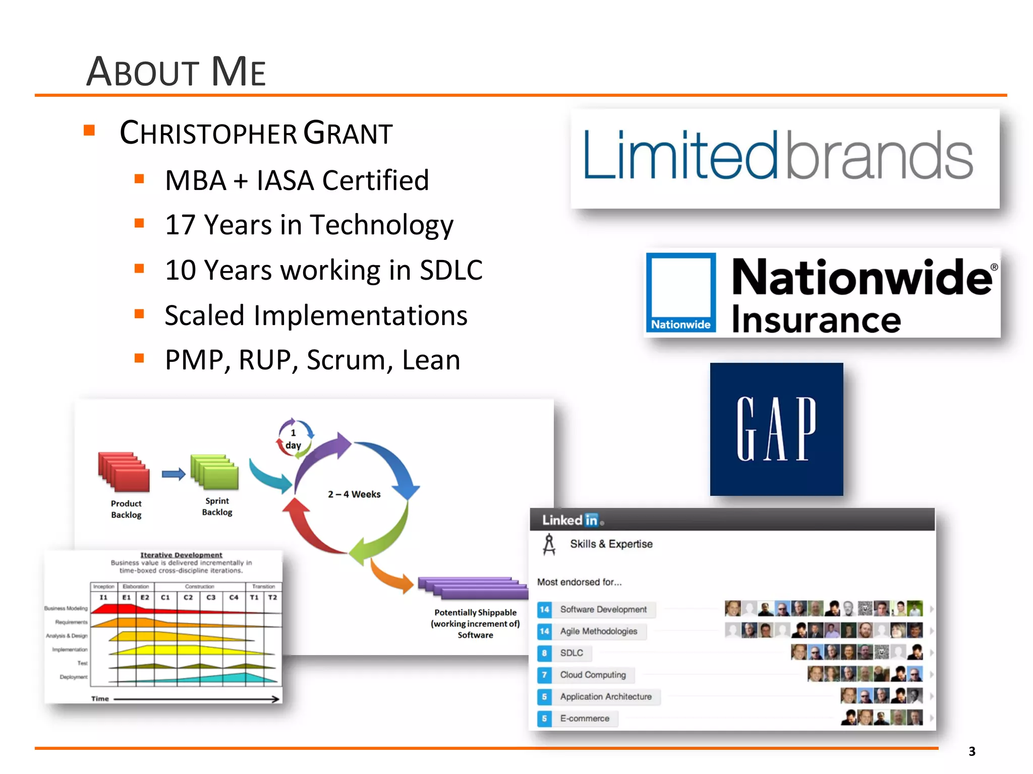 3
ABOUT ME
§ CHRISTOPHER GRANT
§ MBA	+	IASA	Certified
§ 17	Years	in	Technology
§ 10	Years	working	in	SDLC
§ Scaled	Implementations
§ PMP,	RUP,	Scrum,	Lean
 