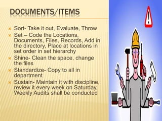 DOCUMENTS/ITEMS
 Sort- Take it out, Evaluate, Throw
 Set – Code the Locations,
Documents, Files, Records, Add in
the directory, Place at locations in
set order in set hierarchy
 Shine- Clean the space, change
the files
 Standardize- Copy to all in
department
 Sustain- Maintain it with discipline,
review it every week on Saturday,
Weekly Audits shall be conducted
 