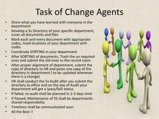 Task of Change Agents
• Share what you have learned with everyone in the
department
• Develop a 5s Directory of your specific department,
cover all documents and files
• Mark each and every document with appropriate
codes, mark locations of your department with
codes
• Coordinate SORTING in your department
• After SORTING of documents, Trash the un required
ones and submit the old ones to the record room
• After proper alignment of department, submit the
copy of directory to HR and paste one copy of the
directory in department ( to be updated whenever
there is a change)
• HR shall conduct the 5s Audit after you submit the
directory to office and on the day of Audit your
department will get a (pass/fail) status.
• If failed, re-audit shall be planned in 2-3 days time
• If Passed, Maintenance of 5S shall be departments
shared responsibility
• Timelines shall be communicated soon
• All the Best !!
 