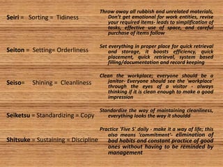 Seiri = Sorting = Tidiness
Seiton = Setting= Orderliness
Seiso= Shining = Cleanliness
Seiketsu = Standardizing = Copy
Shitsuke = Sustaining = Discipline
Throw away all rubbish and unrelated materials,
Don’t get emotional for work entities, revise
your required items- leads to simplification of
tasks, effective use of space, and careful
purchase of items follow
Set everything in proper place for quick retrieval
and storage, it boosts efficiency, quick
placement, quick retrieval, system based
filling/documentation and record keeping
Clean the workplace; everyone should be a
janitor- Everyone should see the 'workplace'
through the eyes of a visitor - always
thinking if it is clean enough to make a good
impression
Standardize the way of maintaining cleanliness,
everything looks the way it shouldd
Practice 'Five S' daily - make it a way of life; this
also means 'commitment‘- elimination of
bad habits and constant practice of good
ones without having to be reminded by
management
 