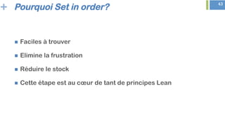 + 43
Pourquoi Set in order?
n  Faciles à trouver
n  Elimine la frustration
n  Réduire le stock
n  Cette étape est au cœur de tant de principes Lean
 