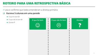 ROTEIRO PARA UMA RETROSPECTIVA BÁSICA
 Leia e confirme que todos entenderam a diretiva primária
 Escreva 3 colunas em uma parede
► O que foi bom 
► O que não foi bom 
► Dúvidas ?
46
O que foi bom

O que não foi bom

Dúvidas
?
 