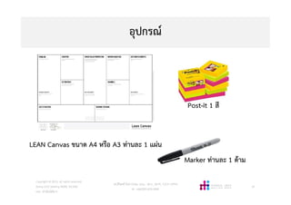 อุปกรณ
วศ.สิริพงศ จึงถาวรรณ, บธ.ม., วศ.บ., ACPE, CSCP, EPPM
M: +66(0)95-624-2449
Post-it 1 สี
Marker ทานละ 1 ดาม
LEAN Canvas ขนาด A4 หรือ A3 ทานละ 1 แผน
Copyright © 2015, all rights reserved.
Doing LESS Getting MORE (DLGM)
บจก. ทํานอยไดมาก
61
 