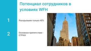 Раскрываем только 40%
Потенциал сотрудников в
условиях WFH
Основное препятствие -
СТРАХ
1
2
 