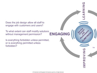 Does the job design allow all staff to
engage with customers and users?
To what extent can staff modify solutions
without management permission?
ENGAGING
Is everything forbidden unless permitted,
or is everything permitted unless
forbidden?

All Trade-Marks and ©Copyright 2013 Owned by Lloyd Parry. All Rights Reserved.

™

 