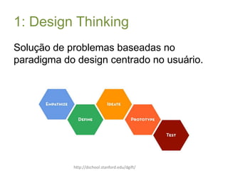 1: Design Thinking
Solução de problemas baseadas no
paradigma do design centrado no usuário.

http://dschool.stanford.edu/dgift/

 