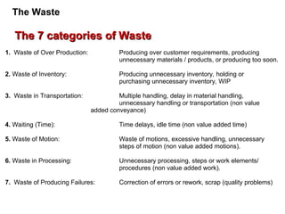 1. Waste of Over Production: Producing over customer requirements, producing
unnecessary materials / products, or producing too soon.
2. Waste of Inventory: Producing unnecessary inventory, holding or
purchasing unnecessary inventory, WIP
3. Waste in Transportation: Multiple handling, delay in material handling,
unnecessary handling or transportation (non value
added conveyance)
4. Waiting (Time): Time delays, idle time (non value added time)
5. Waste of Motion: Waste of motions, excessive handling, unnecessary
steps of motion (non value added motions).
6. Waste in Processing: Unnecessary processing, steps or work elements/
procedures (non value added work).
7. Waste of Producing Failures: Correction of errors or rework, scrap (quality problems)
The 7 categories of Waste
The 7 categories of Waste
The Waste
 