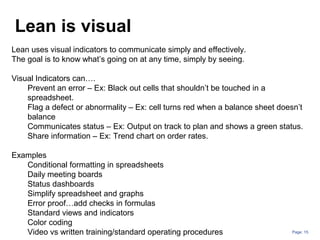 Page: 15
Lean is visual
Lean uses visual indicators to communicate simply and effectively.
The goal is to know what’s going on at any time, simply by seeing.
Visual Indicators can….
Prevent an error – Ex: Black out cells that shouldn’t be touched in a
spreadsheet.
Flag a defect or abnormality – Ex: cell turns red when a balance sheet doesn’t
balance
Communicates status – Ex: Output on track to plan and shows a green status.
Share information – Ex: Trend chart on order rates.
Examples
Conditional formatting in spreadsheets
Daily meeting boards
Status dashboards
Simplify spreadsheet and graphs
Error proof…add checks in formulas
Standard views and indicators
Color coding
Video vs written training/standard operating procedures
 