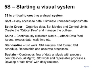 Page: 16
5S is critical to creating a visual system.
Sort – Easy access to data. Eliminate unneeded reports/data.
Set in Order – Organize data. Set Metrics and Control Limits.
Create the “Critical Few” and manage the outliers.
Shine – Continuously eliminate waste….Attack Data feed
issues, excess data, wait time etc.
Standardize – Std work, Std analysis, Std format, Std
schedule. Repeatable and accurate processes.
Sustain – Continuous flow of data analysis with process
controls (Visual Mgmt). Std work and repeatable processes.
Develop a “takt time” with daily routines.
5S – Starting a visual system
 