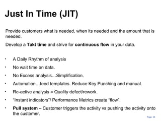 Page: 26
• A Daily Rhythm of analysis
• No wait time on data.
• No Excess analysis…Simplification.
• Automation…feed templates. Reduce Key Punching and manual.
• Re-active analysis = Quality defect/rework.
• “Instant indicators”/ Performance Metrics create “flow”.
• Pull system – Customer triggers the activity vs pushing the activity onto
the customer.
Just In Time (JIT)
Provide customers what is needed, when its needed and the amount that is
needed.
Develop a Takt time and strive for continuous flow in your data.
 