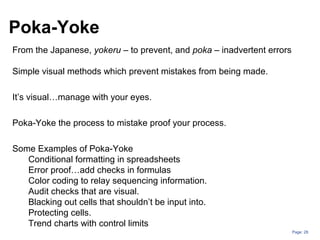 Page: 28
From the Japanese, yokeru – to prevent, and poka – inadvertent errors
Simple visual methods which prevent mistakes from being made.
It’s visual…manage with your eyes.
Poka-Yoke the process to mistake proof your process.
Some Examples of Poka-Yoke
Conditional formatting in spreadsheets
Error proof…add checks in formulas
Color coding to relay sequencing information.
Audit checks that are visual.
Blacking out cells that shouldn’t be input into.
Protecting cells.
Trend charts with control limits
Poka-Yoke
 