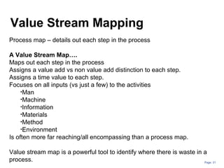 Page: 31
Process map – details out each step in the process
A Value Stream Map….
Maps out each step in the process
Assigns a value add vs non value add distinction to each step.
Assigns a time value to each step.
Focuses on all inputs (vs just a few) to the activities
•Man
•Machine
•Information
•Materials
•Method
•Environment
Is often more far reaching/all encompassing than a process map.
Value stream map is a powerful tool to identify where there is waste in a
process.
Value Stream Mapping
 