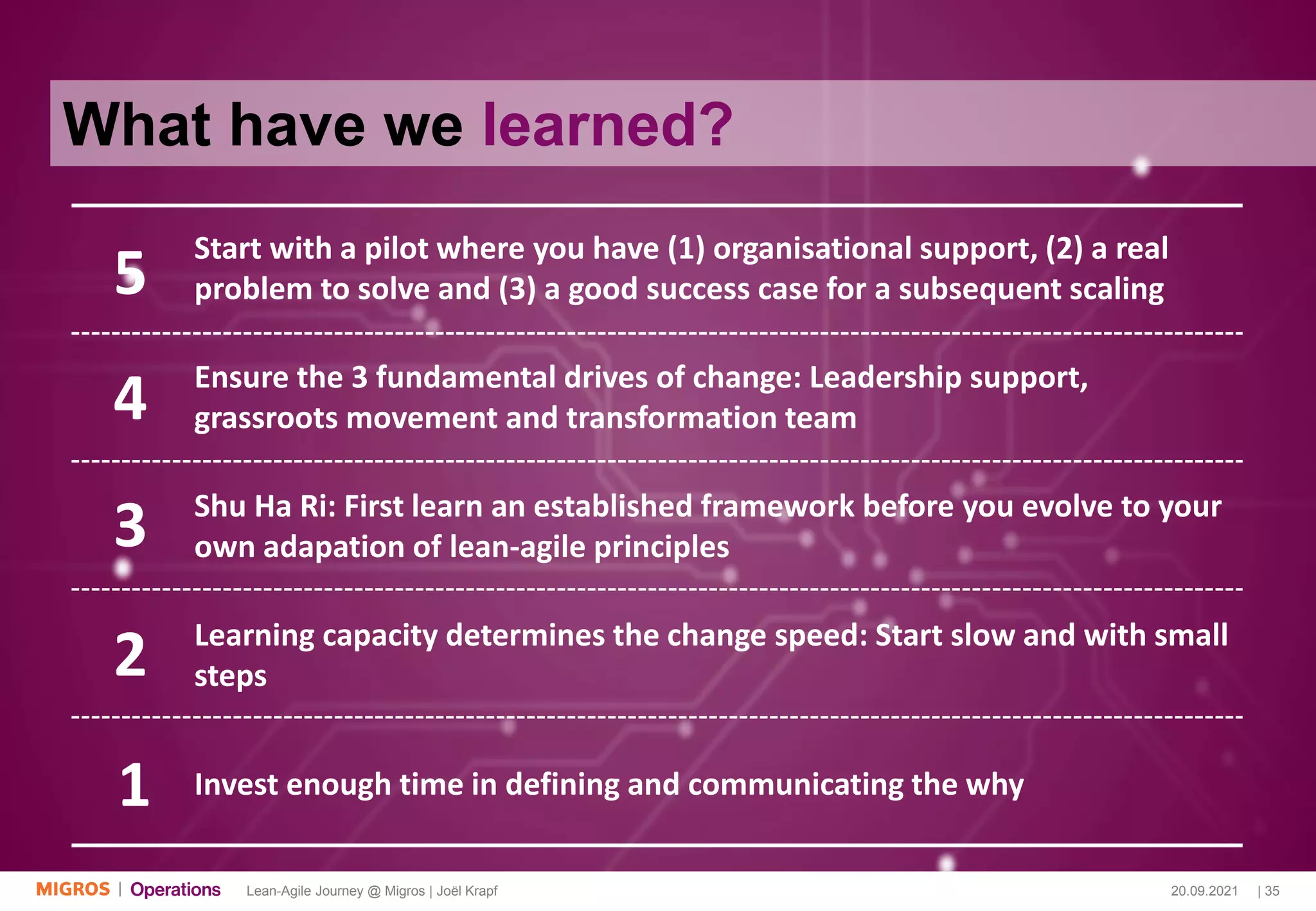 20.09.2021 | 35
Lean-Agile Journey @ Migros | Joël Krapf
Start with a pilot where you have (1) organisational support, (2) a real
problem to solve and (3) a good success case for a subsequent scaling
Ensure the 3 fundamental drives of change: Leadership support,
grassroots movement and transformation team
Shu Ha Ri: First learn an established framework before you evolve to your
own adapation of lean-agile principles
Learning capacity determines the change speed: Start slow and with small
steps
Invest enough time in defining and communicating the why
5
4
3
2
1
What have we learned?
 