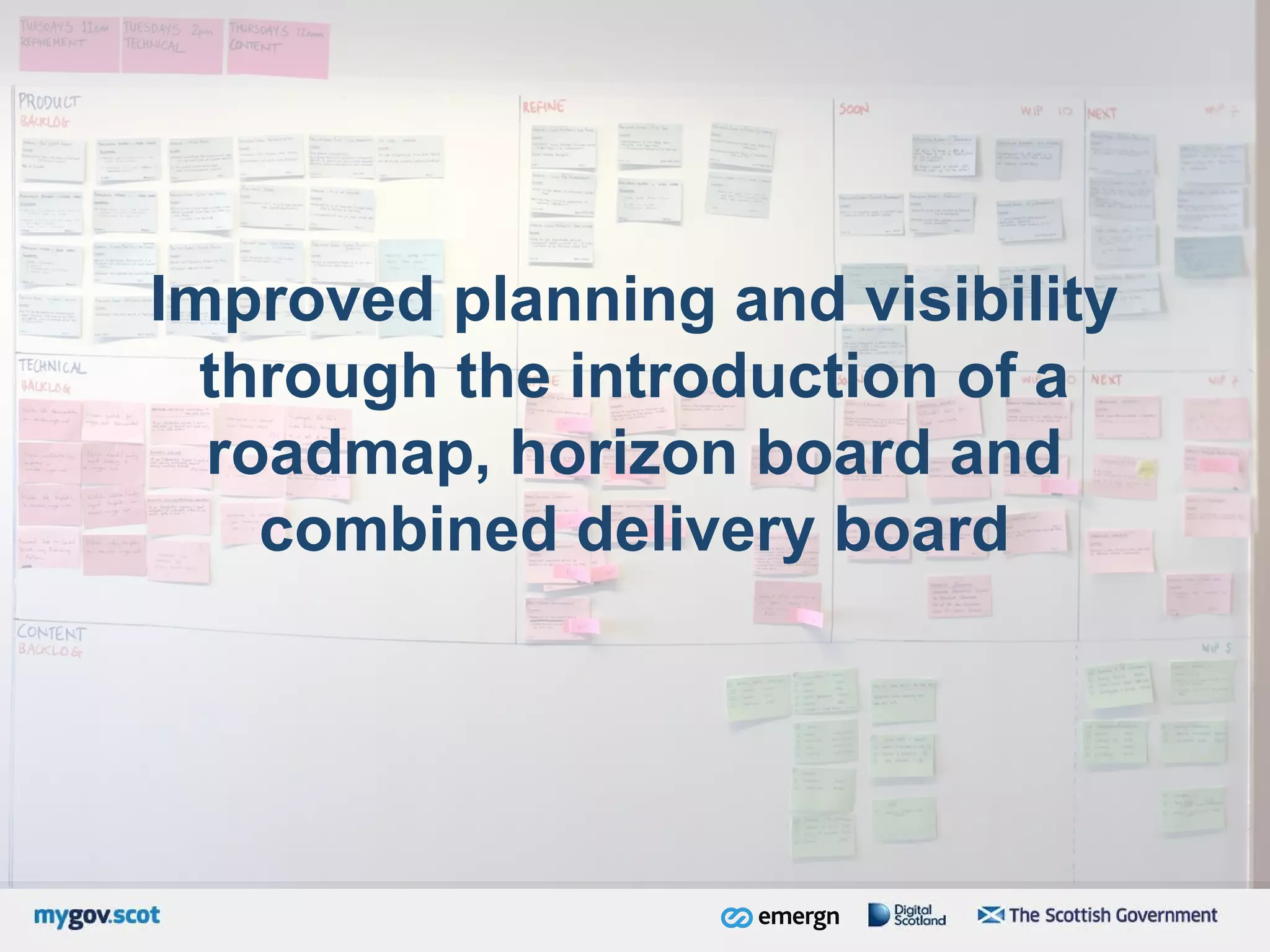 Improved planning and visibility
through the introduction of a
roadmap, horizon board and
combined delivery board
 