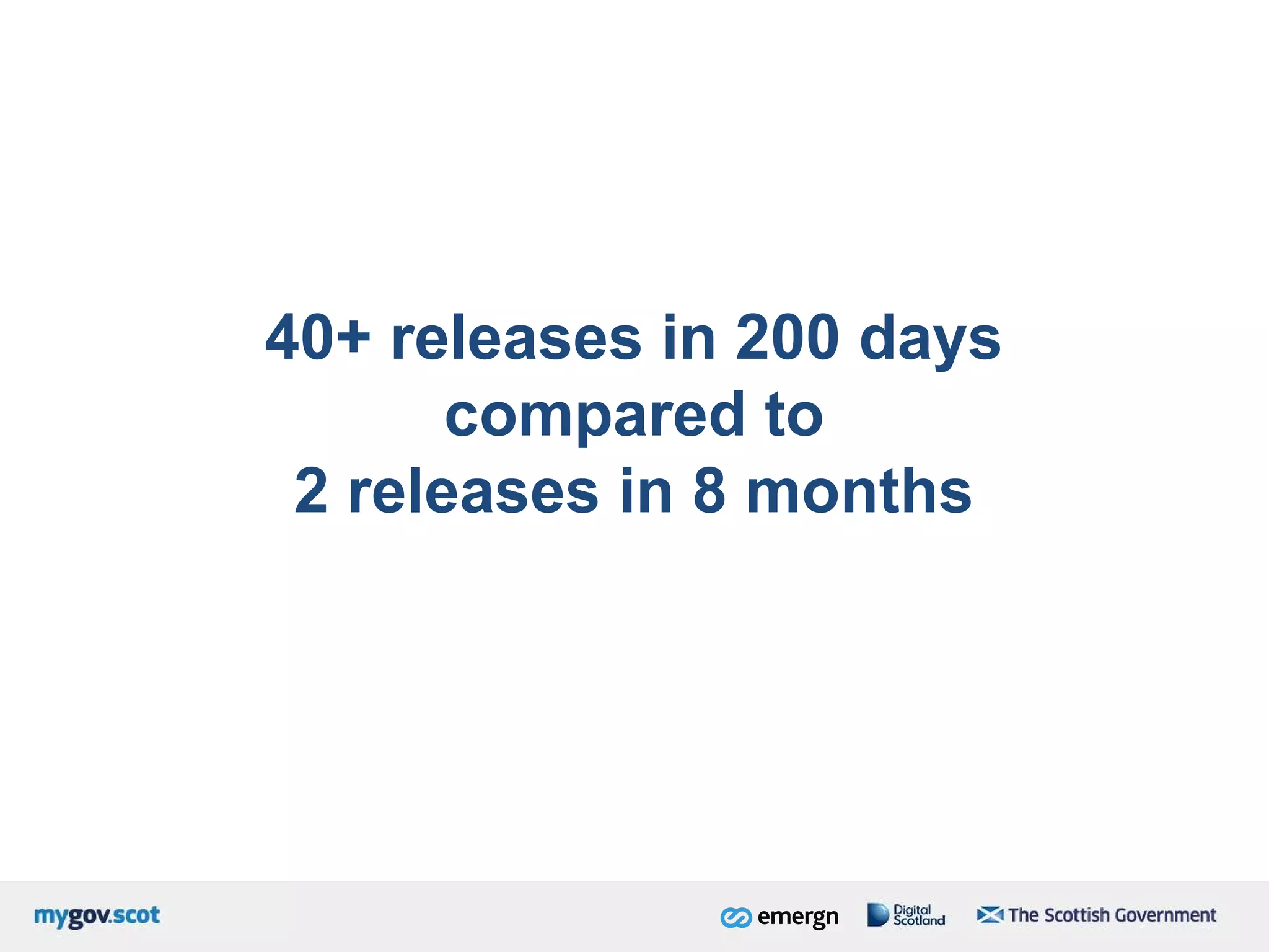 40+ releases in 200 days
compared to
2 releases in 8 months
 