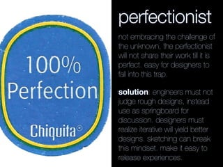 perfectionist
not embracing the challenge of
the unknown, the perfectionist
will not share their work till it is
perfect. ...