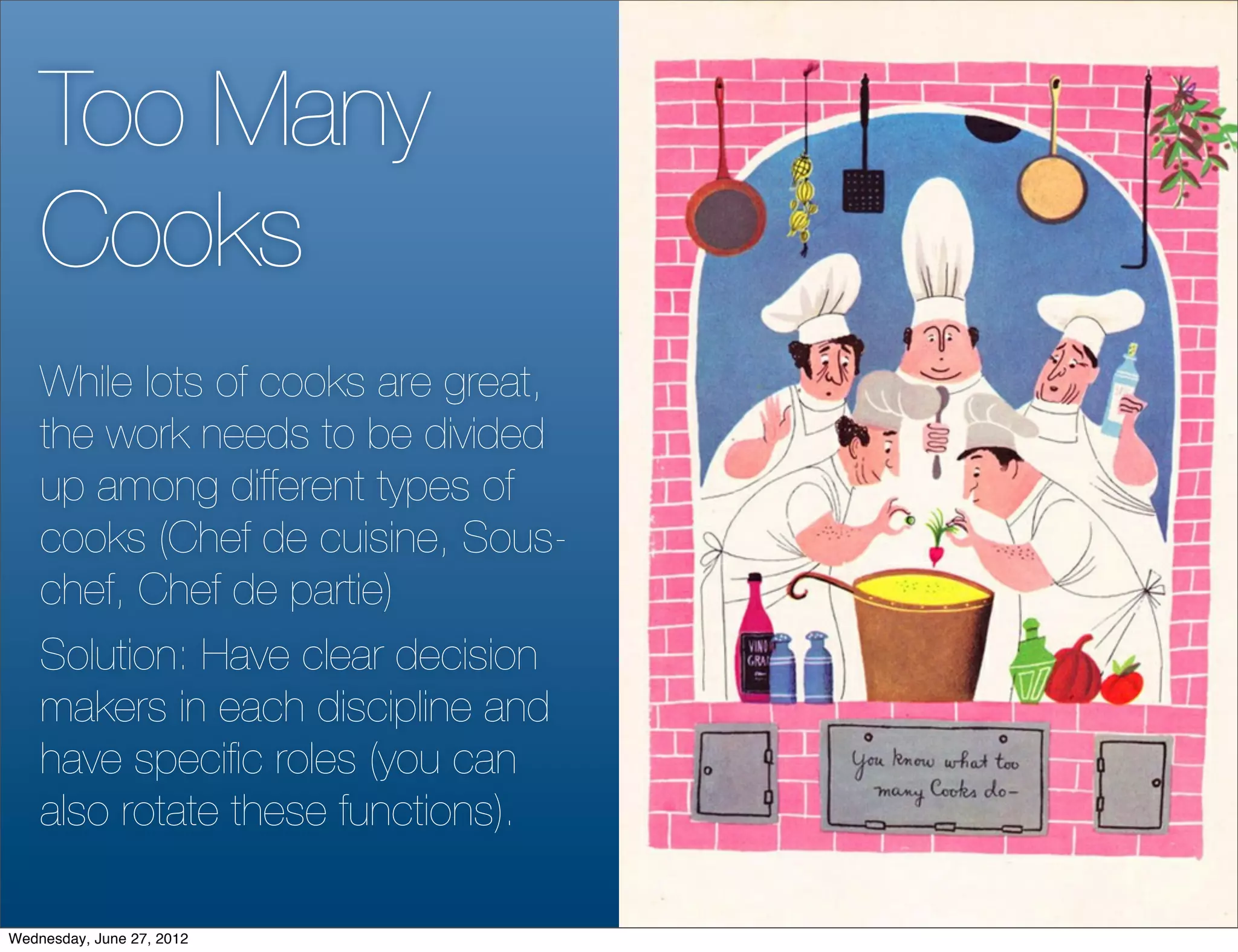 Too Many
    Cooks
    While lots of cooks are great,
    the work needs to be divided
    up among different types of
    cooks (Chef de cuisine, Sous-
    chef, Chef de partie)
    Solution: Have clear decision
    makers in each discipline and
    have speciﬁc roles (you can
    also rotate these functions).

Wednesday, June 27, 2012
 