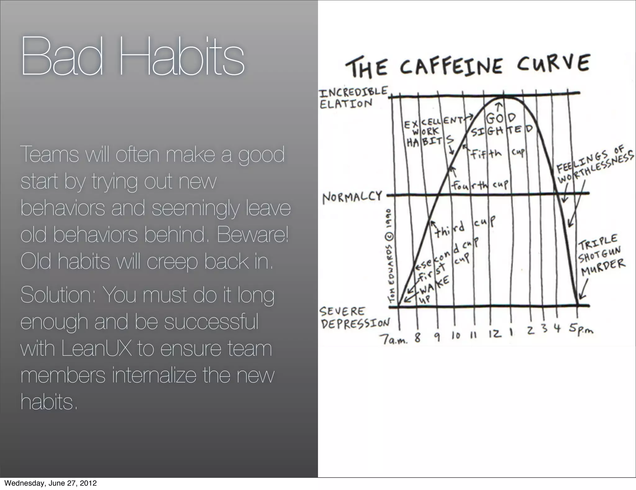 Bad Habits
    Teams will often make a good
    start by trying out new
    behaviors and seemingly leave
    old behaviors behind. Beware!
    Old habits will creep back in.
    Solution: You must do it long
    enough and be successful
    with LeanUX to ensure team
    members internalize the new
    habits.


Wednesday, June 27, 2012
 