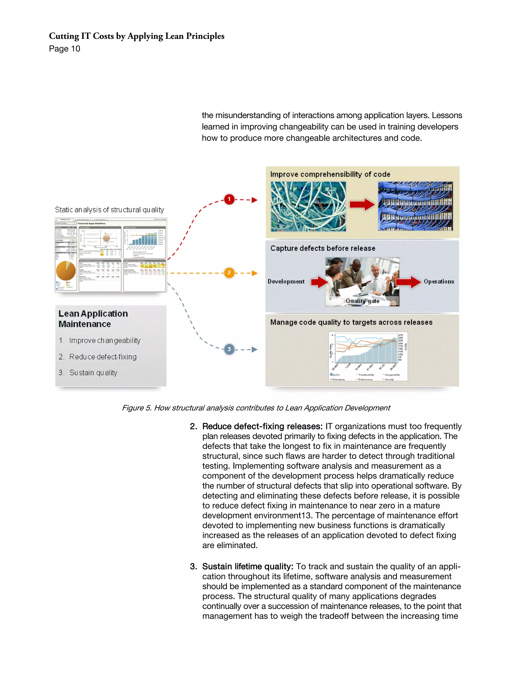 Cutting IT Costs by Applying Lean Principles
Page 10




                                         the misunderstanding of interactions among application layers. Lessons
                                         learned in improving changeability can be used in training developers
                                         how to produce more changeable architectures and code.




                  Figure 5. How structural analysis contributes to Lean Application Development

                                     2. Reduce defect-fixing releases: IT organizations must too frequently
                                        plan releases devoted primarily to fixing defects in the application. The
                                        defects that take the longest to fix in maintenance are frequently
                                        structural, since such flaws are harder to detect through traditional
                                        testing. Implementing software analysis and measurement as a
                                        component of the development process helps dramatically reduce
                                        the number of structural defects that slip into operational software. By
                                        detecting and eliminating these defects before release, it is possible
                                        to reduce defect fixing in maintenance to near zero in a mature
                                        development environment13. The percentage of maintenance effort
                                        devoted to implementing new business functions is dramatically
                                        increased as the releases of an application devoted to defect fixing
                                        are eliminated.

                                     3. Sustain lifetime quality: To track and sustain the quality of an appli-
                                        cation throughout its lifetime, software analysis and measurement
                                        should be implemented as a standard component of the maintenance
                                        process. The structural quality of many applications degrades
                                        continually over a succession of maintenance releases, to the point that
                                        management has to weigh the tradeoff between the increasing time
 