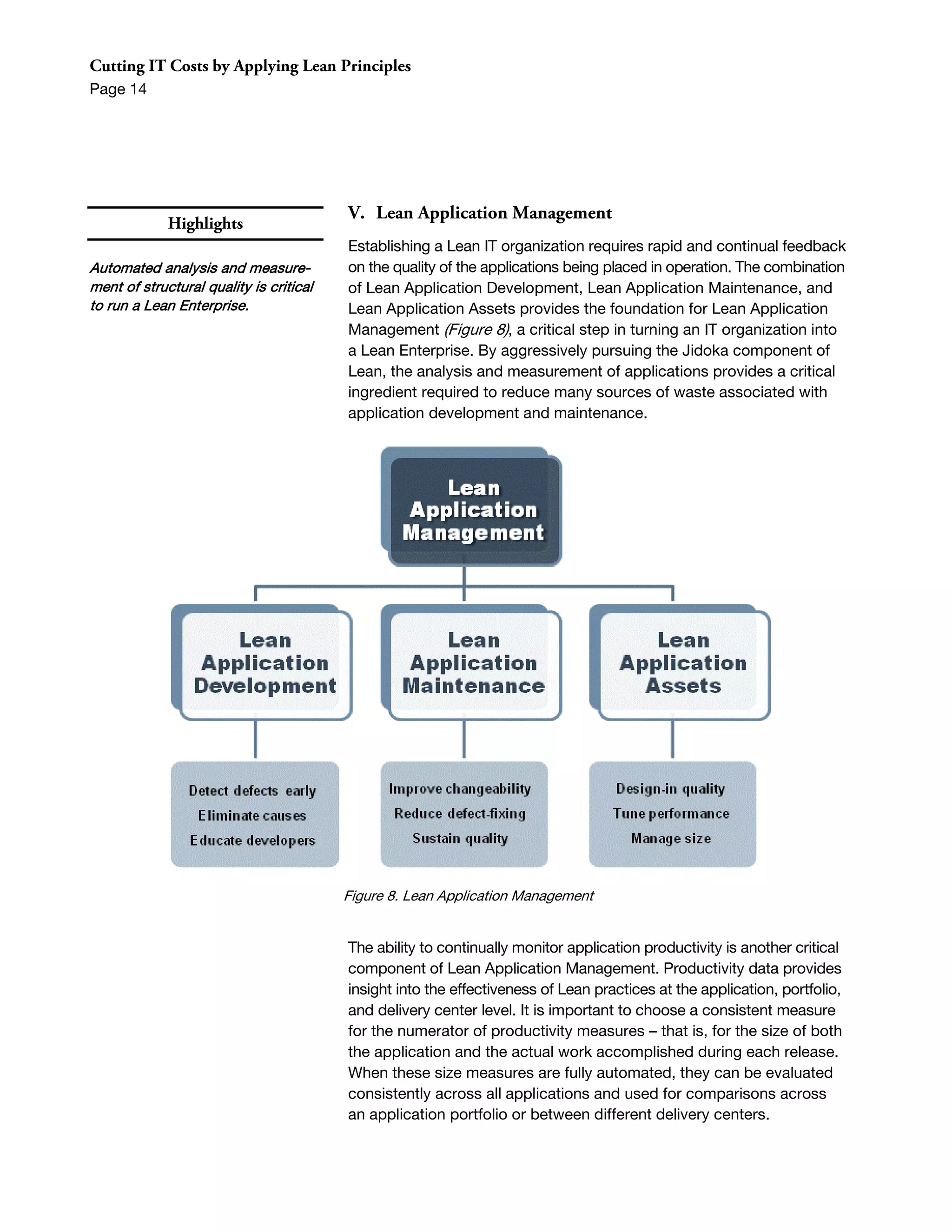 Cutting IT Costs by Applying Lean Principles
Page 14




                                         V. Lean Application Management
             Highlights
                                         Establishing a Lean IT organization requires rapid and continual feedback
Automated analysis and measure-          on the quality of the applications being placed in operation. The combination
ment of structural quality is critical   of Lean Application Development, Lean Application Maintenance, and
to run a Lean Enterprise.                Lean Application Assets provides the foundation for Lean Application
                                         Management (Figure 8), a critical step in turning an IT organization into
                                         a Lean Enterprise. By aggressively pursuing the Jidoka component of
                                         Lean, the analysis and measurement of applications provides a critical
                                         ingredient required to reduce many sources of waste associated with
                                         application development and maintenance.




                                         Figure 8. Lean Application Management


                                         The ability to continually monitor application productivity is another critical
                                         component of Lean Application Management. Productivity data provides
                                         insight into the effectiveness of Lean practices at the application, portfolio,
                                         and delivery center level. It is important to choose a consistent measure
                                         for the numerator of productivity measures – that is, for the size of both
                                         the application and the actual work accomplished during each release.
                                         When these size measures are fully automated, they can be evaluated
                                         consistently across all applications and used for comparisons across
                                         an application portfolio or between different delivery centers.
 