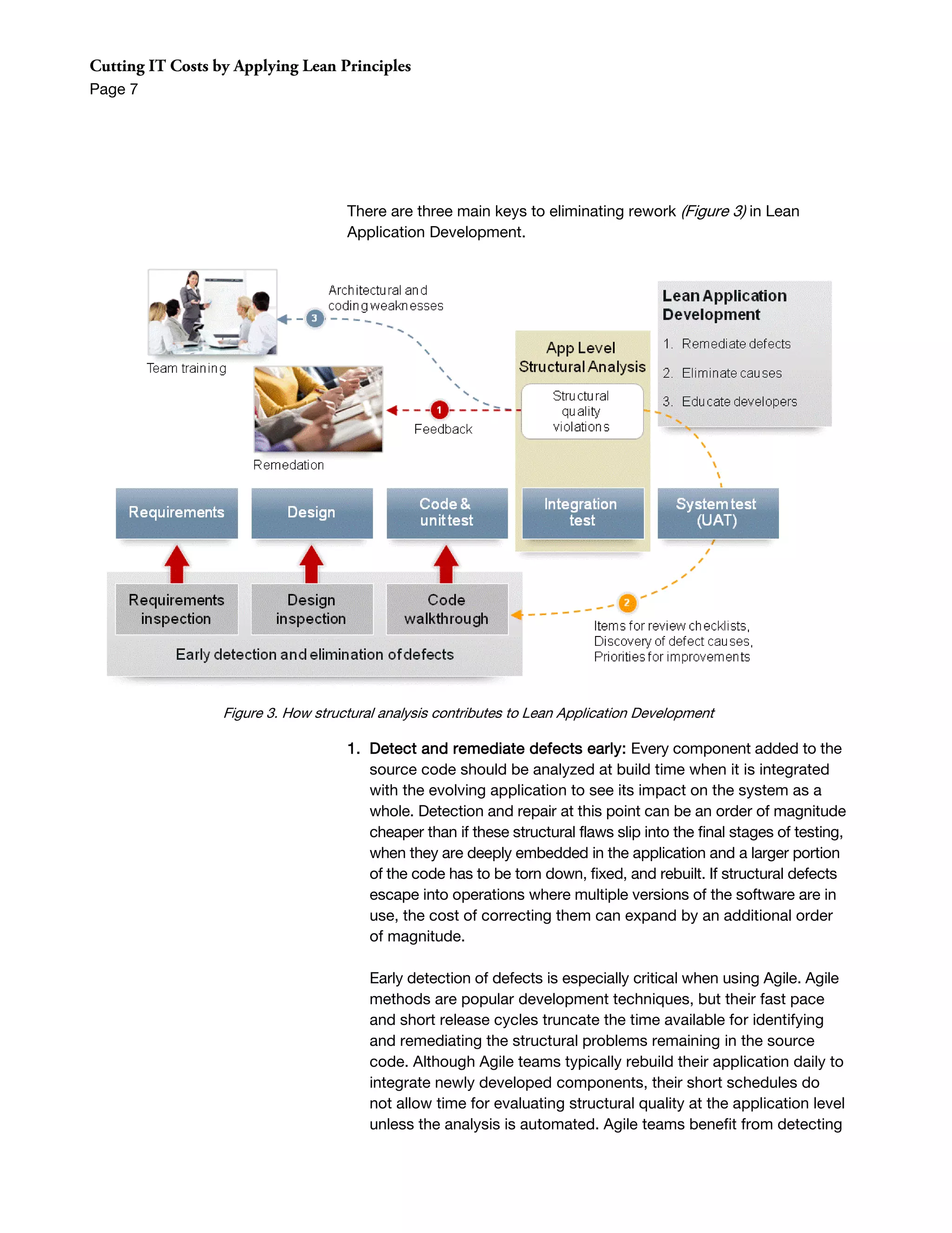 Cutting IT Costs by Applying Lean Principles
Page 7




                                     There are three main keys to eliminating rework (Figure 3) in Lean
                                     Application Development.




                  Figure 3. How structural analysis contributes to Lean Application Development

                                     1. Detect and remediate defects early: Every component added to the
                                        source code should be analyzed at build time when it is integrated
                                        with the evolving application to see its impact on the system as a
                                        whole. Detection and repair at this point can be an order of magnitude
                                        cheaper than if these structural flaws slip into the final stages of testing,
                                        when they are deeply embedded in the application and a larger portion
                                        of the code has to be torn down, fixed, and rebuilt. If structural defects
                                        escape into operations where multiple versions of the software are in
                                        use, the cost of correcting them can expand by an additional order
                                        of magnitude.

                                         Early detection of defects is especially critical when using Agile. Agile
                                         methods are popular development techniques, but their fast pace
                                         and short release cycles truncate the time available for identifying
                                         and remediating the structural problems remaining in the source
                                         code. Although Agile teams typically rebuild their application daily to
                                         integrate newly developed components, their short schedules do
                                         not allow time for evaluating structural quality at the application level
                                         unless the analysis is automated. Agile teams benefit from detecting
 