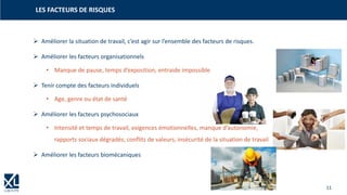 11
➢ Améliorer la situation de travail, c’est agir sur l’ensemble des facteurs de risques.
➢ Améliorer les facteurs organisationnels
• Manque de pause, temps d’exposition, entraide impossible
➢ Tenir compte des facteurs individuels
• Age, genre ou état de santé
➢ Améliorer les facteurs psychosociaux
• Intensité et temps de travail, exigences émotionnelles, manque d’autonomie,
rapports sociaux dégradés, conflits de valeurs, insécurité de la situation de travail
➢ Améliorer les facteurs biomécaniques
LES FACTEURS DE RISQUES
 