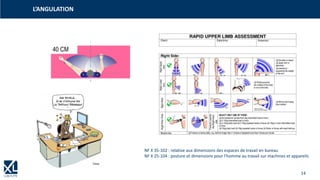 14
L’ANGULATION
NF X 35-102 : relative aux dimensions des espaces de travail en bureau
NF X 25-104 : posture et dimensions pour l'homme au travail sur machines et appareils
 