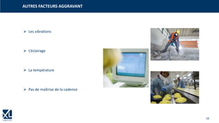 16
➢ Les vibrations
➢ L’éclairage
➢ La température
➢ Pas de maîtrise de la cadence
AUTRES FACTEURS AGGRAVANT
 