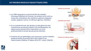 7
LES TROUBLES MUSCULO SQUELETTIQUES (TMS)
➢ Les TMS regroupent un grand nombre de maladies
chroniques affectant les muscles, les tendons et les nerfs au
niveau des articulations des membres supérieurs (épaules,
coudes, poignets-mains), et inférieurs (genoux, chevilles).
➢ Ils se caractérisent par des douleurs et des gênes lors des
mouvements qui peuvent devenir très handicapantes; les
répercussions peuvent être importantes sur la vie
professionnelle et privée des personnes atteintes.
➢ Certaines de ces pathologies sont reconnues comme maladies
professionnelles et peuvent donc faire l'objet d'une
indemnisation (Tableau 57 depuis 9/11/72 + màj le 7/06/91)
Syndrome du Canal Carpien
Epicondylite (tennis Elbow)
Syndrome de la coiffe des rotateurs
 