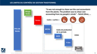 © XL SA | contact@xl-groupe.com | Paris 01 78 16 11 99 | Région 04 76 61 34 40 | 88, Allée Galilée 38330 Montbonnot-Saint-Martin | Organisme de formation (Préfecture de région) 82 38 00 90938 | SIRET 347 945 628 000 50 13
LES LIMITES DU CONTRÔLE DE GESTION TRADITIONNEL
Prix de
Vente
Marge
brute
Pertes
MP/AC
MOD
F Gnx
Coûts de production
de la période
Coûts « cachés »
Var.
Stocks
COGS
“It was not enough to chase out the cost accountants
from the plants. The problem was to chase cost
accounting from my people's minds” - Taiichi Ohno, ...
 