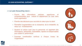 © XL SA | contact@xl-groupe.com | Paris 01 78 16 11 99 | Région 04 76 61 34 40 | 88, Allée Galilée 38330 Montbonnot-Saint-Martin | Organisme de formation (Préfecture de région) 82 38 00 90938 | SIRET 347 945 628 000 50 6
➢ Le Lean Accounting vise à :
• Fournir des informations précises, opportunes et
compréhensibles pour motiver le déploiement du Lean dans
toute organisation
• Prendre des décisions pour accroitre la valeur pour le client
• Permettre l’augmentation de la croissance, de la rentabilité, du
retour sur investissement
• Soutenir la culture Lean pour le personnel, en apportant des
informations pertinentes, exploitables, rapides et indispensables
pour piloter la performance
• Favoriser l’amélioration continue à chaque niveau de
l’organisation
LE LEAN ACCOUNTING, QUÉZAKO ?
 