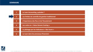 © XL SA | contact@xl-groupe.com | Paris 01 78 16 11 99 | Région 04 76 61 34 40 | 88, Allée Galilée 38330 Montbonnot-Saint-Martin | Organisme de formation (Préfecture de région) 82 38 00 90938 | SIRET 347 945 628 000 50 8
1 Le Lean Accounting, quézako ?
SOMMAIRE
2 Les limites du contrôle de gestion traditionnel
3 L’importance des flux et de l’écoulement
4 Les coûts en « Value Stream Costing »
5 Le pilotage par les indicateurs « Box Score »
6 Le Lean dans les processus financiers
 