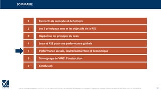 © XL SA | contact@xl-groupe.com | Paris 01 78 16 11 99 | Région 04 76 61 34 40 | 88, Allée Galilée 38330 Montbonnot-Saint-Martin | Organisme de formation (Préfecture de région) 82 38 00 90938 | SIRET 347 945 628 000 50 14
1 Éléments de contexte et définitions
SOMMAIRE
2 Les 5 principaux axes et les objectifs de la RSE
3 Rappel sur les principes du Lean
4 Lean et RSE pour une performance globale
5 Performance sociale, environnementale et économique
6 Témoignage de VINCI Construction
7 Conclusion
 