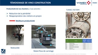 © XL SA | contact@xl-groupe.com | Paris 01 78 16 11 99 | Région 04 76 61 34 40 | 88, Allée Galilée 38330 Montbonnot-Saint-Martin | Organisme de formation (Préfecture de région) 82 38 00 90938 | SIRET 347 945 628 000 50 26
TÉMOIGNAGE DE VINCI CONSTRUCTION
Productivité de nos chantiers, 2 cas concrets :
Robovoïde
➢ Réduction de la pénibilité
➢ Réappropriation des métiers en propre
Meilleure productivité
Robot Pose de carrelage
TUNNEL FACTORY:
 