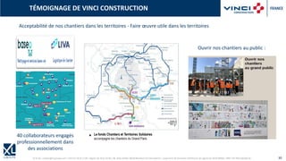 © XL SA | contact@xl-groupe.com | Paris 01 78 16 11 99 | Région 04 76 61 34 40 | 88, Allée Galilée 38330 Montbonnot-Saint-Martin | Organisme de formation (Préfecture de région) 82 38 00 90938 | SIRET 347 945 628 000 50 30
TÉMOIGNAGE DE VINCI CONSTRUCTION
Acceptabilité de nos chantiers dans les territoires - Faire œuvre utile dans les territoires
40 collaborateurs engagés
professionnellement dans
des associations
Ouvrir nos chantiers au public :
 