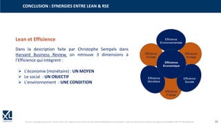 © XL SA | contact@xl-groupe.com | Paris 01 78 16 11 99 | Région 04 76 61 34 40 | 88, Allée Galilée 38330 Montbonnot-Saint-Martin | Organisme de formation (Préfecture de région) 82 38 00 90938 | SIRET 347 945 628 000 50 33
CONCLUSION : SYNERGIES ENTRE LEAN & RSE
Lean et Efficience
Dans la description faite par Christophe Sempels dans
Harvard Business Review, on retrouve 3 dimensions à
l’Efficience qui intègrent :
➢ L'économie (monétaire) : UN MOYEN
➢ Le social : UN OBJECTIF
➢ L'environnement : UNE CONDITION
Efficience
Environnementale
Efficience
Sociale
Efficience
Monétaire
Efficience
Economique
Efficience
d’usage
Efficience
d’usage
Efficience
d’usage
 