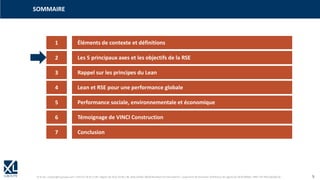 © XL SA | contact@xl-groupe.com | Paris 01 78 16 11 99 | Région 04 76 61 34 40 | 88, Allée Galilée 38330 Montbonnot-Saint-Martin | Organisme de formation (Préfecture de région) 82 38 00 90938 | SIRET 347 945 628 000 50 5
1 Éléments de contexte et définitions
SOMMAIRE
2 Les 5 principaux axes et les objectifs de la RSE
3 Rappel sur les principes du Lean
4 Lean et RSE pour une performance globale
5 Performance sociale, environnementale et économique
6 Témoignage de VINCI Construction
7 Conclusion
 