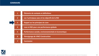 © XL SA | contact@xl-groupe.com | Paris 01 78 16 11 99 | Région 04 76 61 34 40 | 88, Allée Galilée 38330 Montbonnot-Saint-Martin | Organisme de formation (Préfecture de région) 82 38 00 90938 | SIRET 347 945 628 000 50 8
1 Éléments de contexte et définitions
SOMMAIRE
2 Les 5 principaux axes et les objectifs de la RSE
3 Rappel sur les principes du Lean
4 Lean et RSE pour une performance globale
5 Performance sociale, environnementale et économique
6 Témoignage de VINCI Construction
7 Conclusion
 