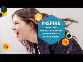 INSPIRE ! 
OPEN COFFEE 
MATCHMAKING EVENTS 
OPEN PITCH NIGHTS 
STARTUP EVENTS 
 