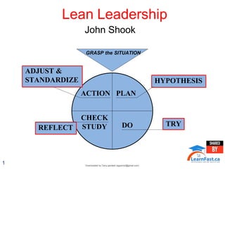Lean Leadership
John Shook
ACTION
CHECK
STUDY
PLAN
DO
GRASP the SITUATION
HYPOTHESIS
TRY
REFLECT
ADJUST &
STANDARDIZE
1 Downloaded by Tariq qandeel (egysms3@gmail.com)
 