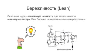 Бережливость (Lean)
Основная идея – максимум ценности для заказчика при
минимуме потерь. Или больше ценности меньшими ресурсами.

                             Нечто




                                     Великолепное ПО
 