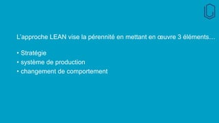 L’approche LEAN vise la pérennité en mettant en œuvre 3 éléments…
• Stratégie
• système de production
• changement de comportement
 