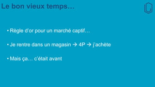 Le bon vieux temps…
• Règle d’or pour un marché captif…
• Je rentre dans un magasin → 4P → j’achète
• Mais ça… c’était avant
 