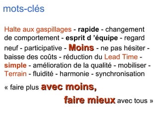 mots-clés Halte aux gaspillages  -  rapide  - changement de comportement -  esprit d ’équipe  - regard neuf - participative -  Moins  - ne pas hésiter - baisse des coûts - réduction du  Lead Time  -  simple  - amélioration de la qualité - mobiliser -  Terrain  - fluidité - harmonie - synchronisation « faire plus  avec moins, faire mieux   avec tous » 